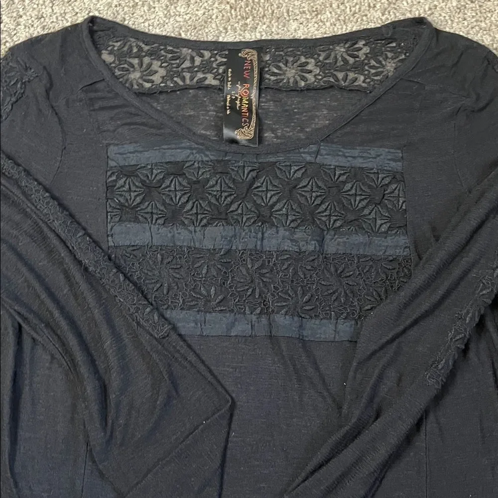 Free People New Romantics Black Sheer Long Sleeve Top Lace Inset Size Small